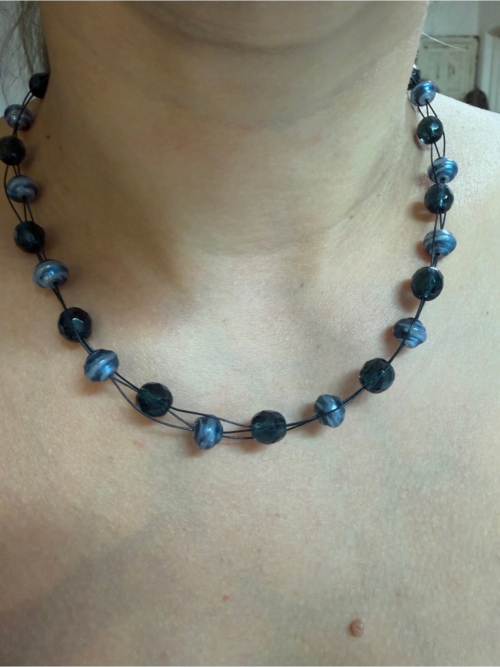 Vintage Y2K Floating Bead Necklace Black Gray Multi Strand Choker Goth Boho